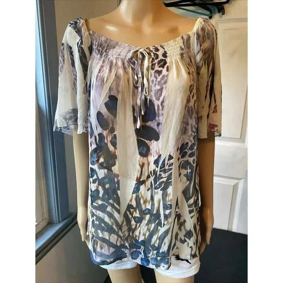 Mushka by Sienna Rose White Sheer Mesh Floral Print Women’s L Blouse EUC Fairly - Picture 6 of 8